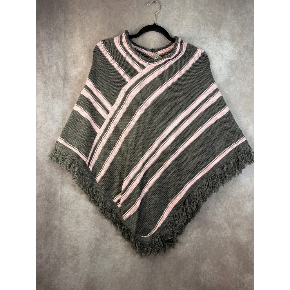 NWOT‎ Cervelle Women's Gray & Pink Striped Acrylic Knit Poncho Fringe One Size